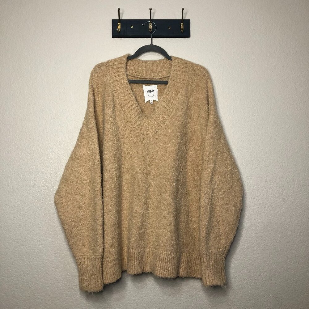 Aerie Tan Fuzzy Soft V-Neck Sweater Women's XL Wool Cozy Warm Casual Loungewear
